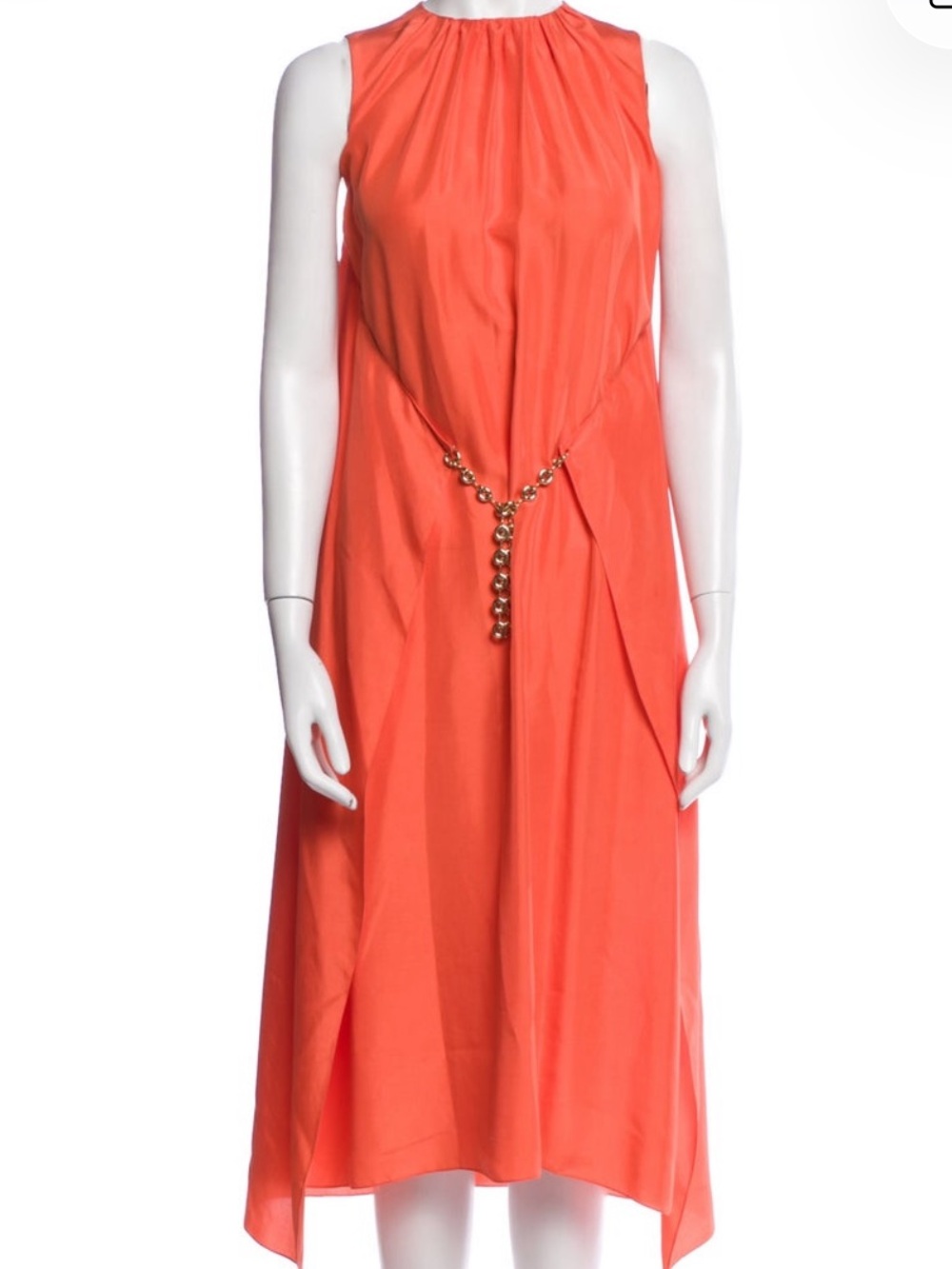 Loewe Coral Orange Midi Dress with Gold Chain Accent